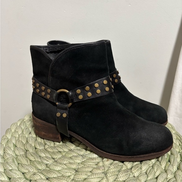 UGG Darling Black Suede Bronze Stud Harness Slip On Ankle Boots - Picture 4 of 10